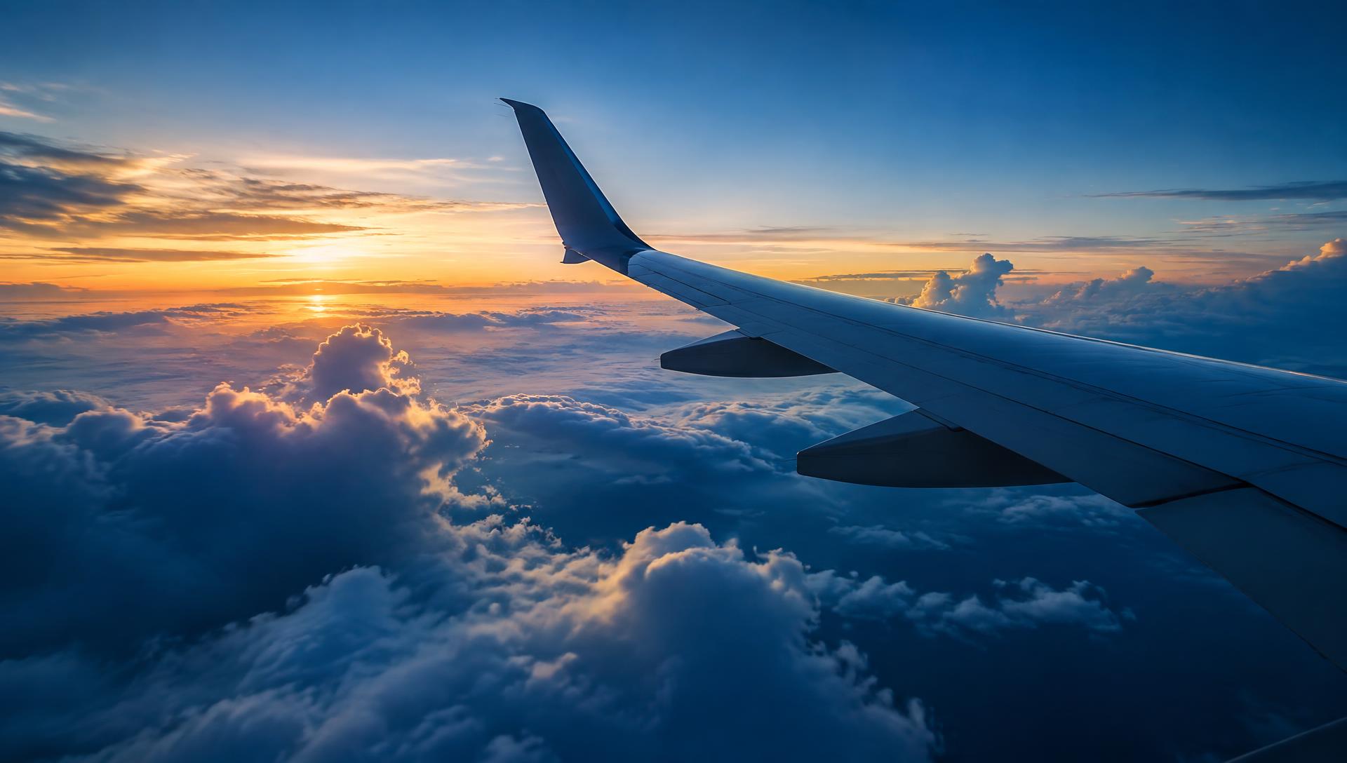 Airplane wing above clouds at sunrise